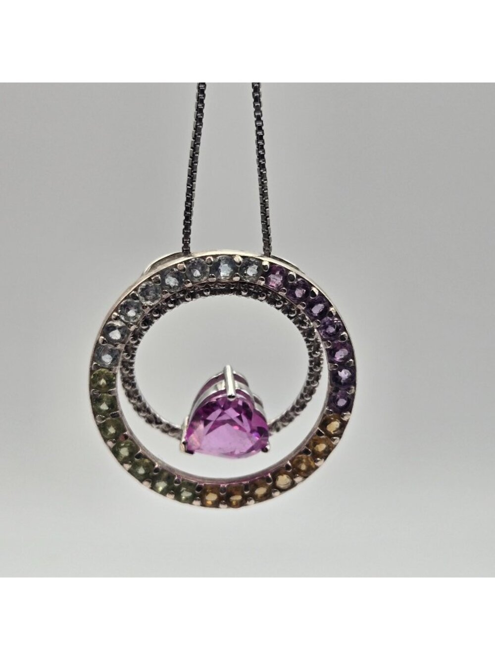 Sterling Silver Heart Pendant Necklace Multicolor Gemstones Box Chain Pink Zirco